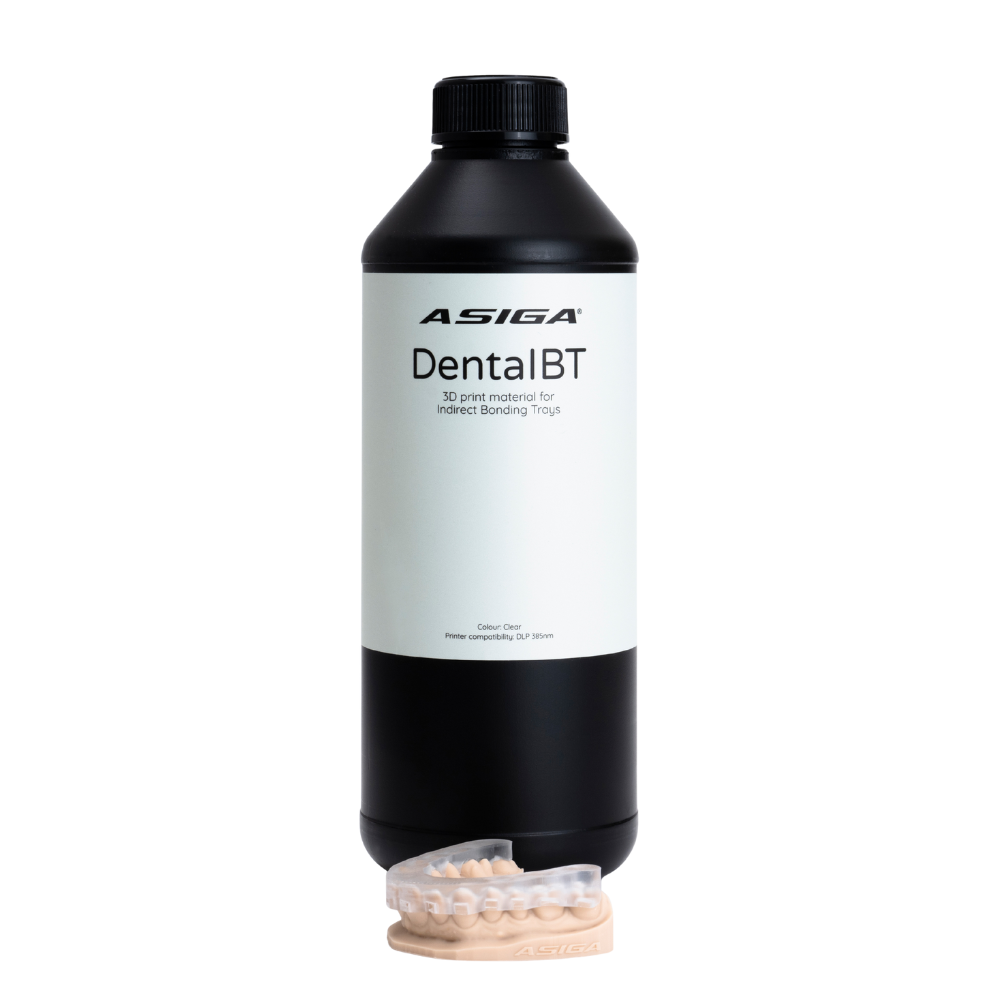 1kg bottle of Asiga DentaIBT resin for 3D printing indirect bonding trays.