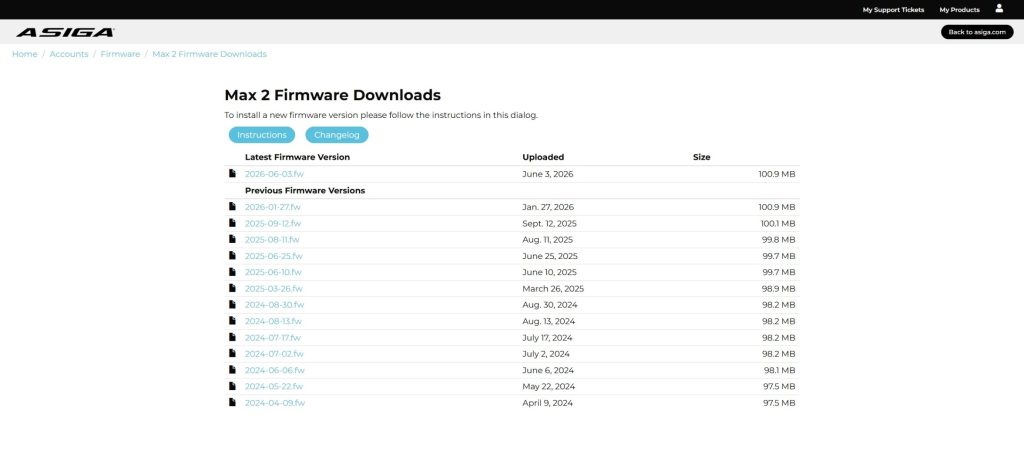 Max 2 Firmware Downloads page