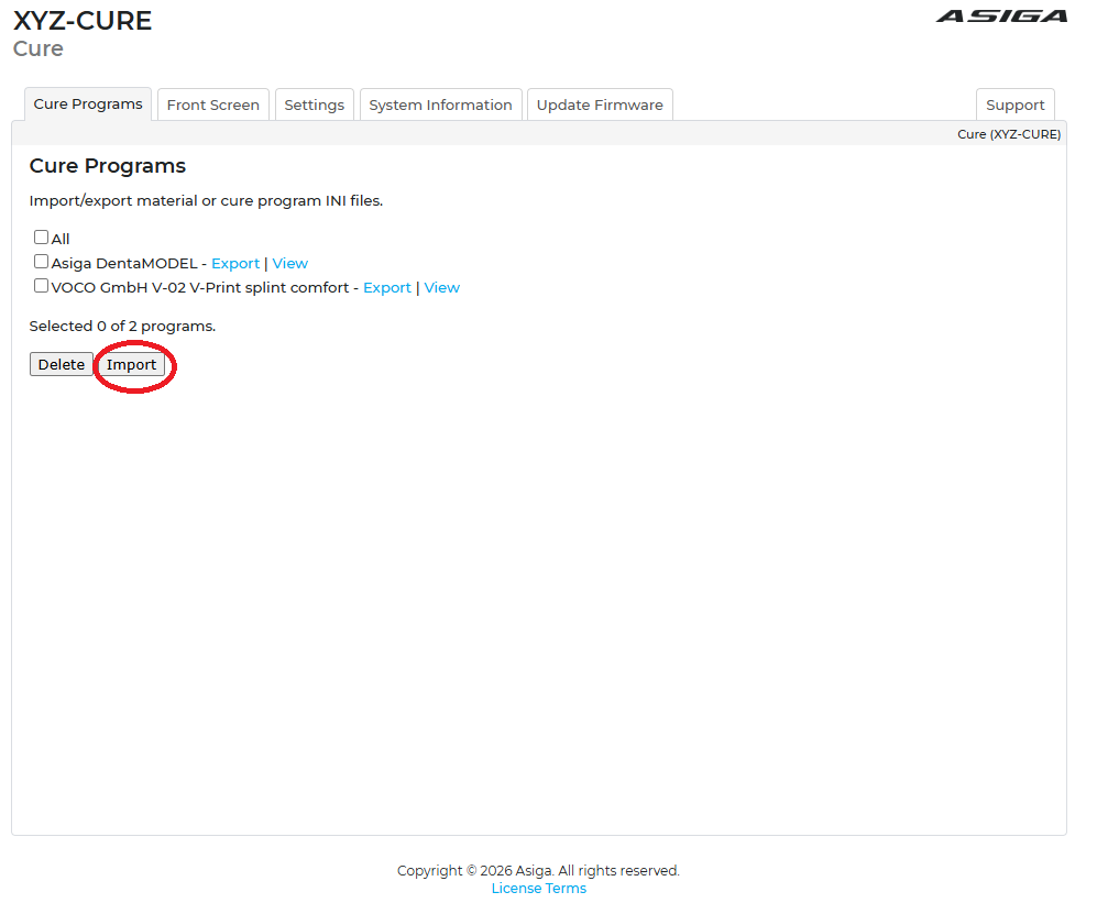 Asiga Cure Web Interface Programs