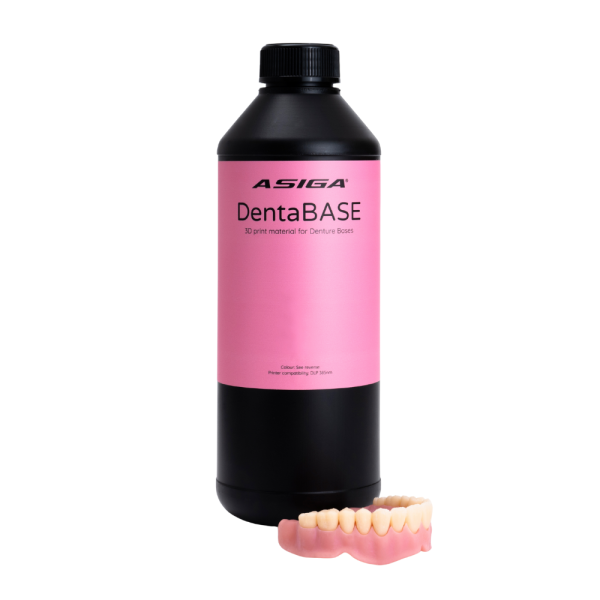 1kg bottle of Asiga DentaBASE denture base 3D printing resin designed for accurate, durable dental prosthetics