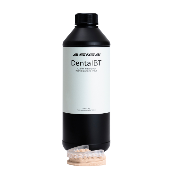 1kg bottle of Asiga DentaIBT resin for 3D printing indirect bonding trays.