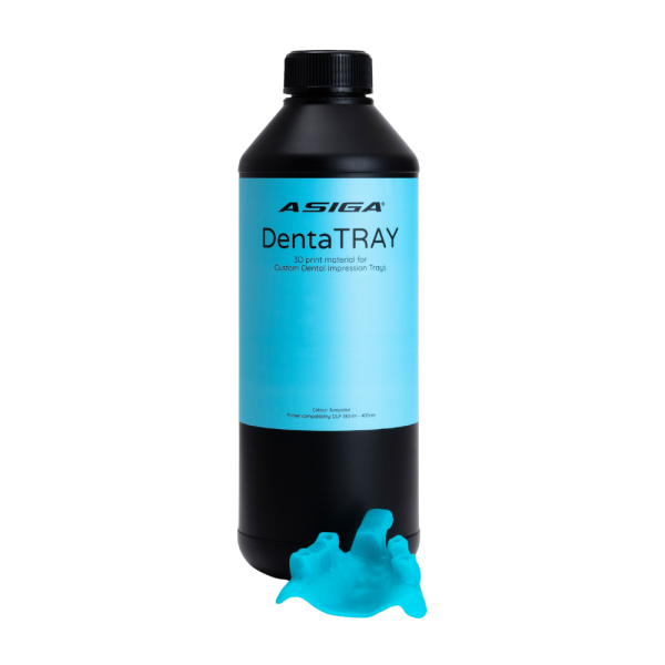 Asiga DentaTRAY 3D printing resin bottle used for manufacturing custom dental impression trays with accurate fit and rigidity.