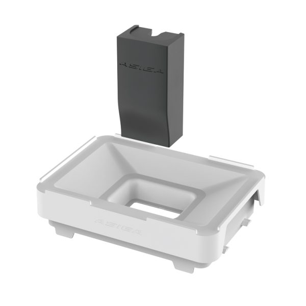 Asiga Max Crown Kit components displayed, including build tray, small platform, and accessories for dental crown printing